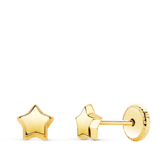 18K PENDIENTES ORO AMARILLO ESTRELLA LISA 5,5 X 5,5 MM, CIERRE TUERCA