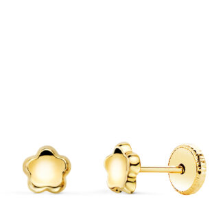 18K PENDIENTES ORO AMARILLO FLOR CONCAVO EN BRILLO 5X5 MM, CIERRE TUERCA