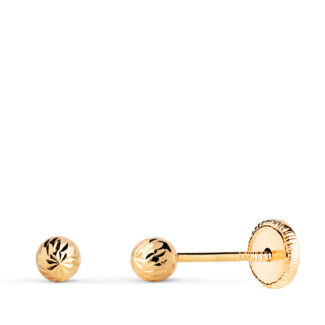 18K PENDIENTES ORO AMARILLO BOLA TALLADA HUECA, ANCHO: 3 MM, CIERRE TUERCA