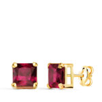 18K PENDIENTES ORO AMARILLO CUADRADOS PIEDRA COLOR ROJO 6 X 6 MM, CIERRE PRESION