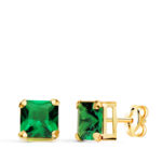 18K PENDIENTES ORO AMARILLO CUADRADOS PIEDRA COLOR VERDE 6 X 6 MM, CIERRE PRESION