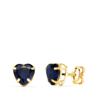 18K PENDIENTES ORO AMARILLO CORAZON PIEDRA COLOR AZUL 6 X 6 MM, CIERRE PRESION