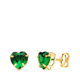 18K PENDIENTES ORO AMARILLO CORAZON PIEDRA COLOR VERDE 6 X 6 MM, CIERRE PRESION