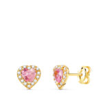 18K PENDIENTES ORO AMARILLO CORAZON CIRCONITA Y PIEDRA ROSA 6,5 X 6,5 MM, CIERRE PRESION
