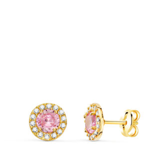18K PENDIENTES ORO AMARILLO REDONDOS CIRCONITA Y PIEDRA ROSA 6,5 MM, CIERRE PRESION