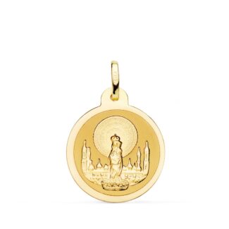 18K MEDALLA ORO AMARILLO VIRGEN PILAR EN BRILLO 20 MM