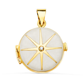 18K GUARDAPELO DIJE PORTAFOTOS REDONDO ORO AMARILLO ESMALTE BLANCO DIAMANTE 0,035 QTES, 21 MM