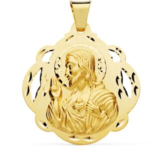 18K MEDALLA ORO AMARILLO CRISTO SAGRADO CORAZON DE JESUS PANDERETA CALADA 42 MM