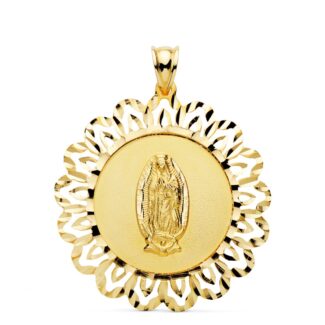 18K MEDALLA ORO AMARILLO VIRGEN GUADALUPE CERCO TALLADO 37X34 MM