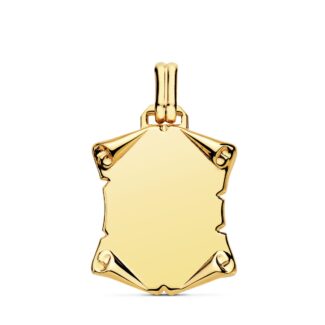 9K PLACA CHAPA COLGANTE PERGAMINO ORO AMARILLO LISO BRILLO PAPIRO, 22X20 MM