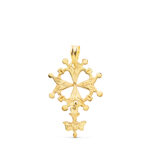 18K CRUZ DE HUGUENOTTE ORO AMARILLO CON PALOMA, 28 X 17 MM