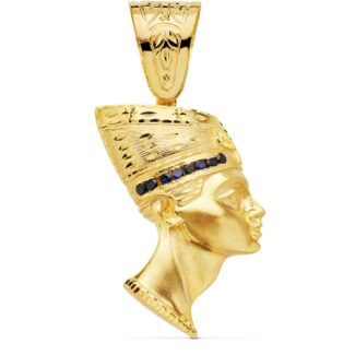 18K COLGANTE ESFINGE NEFERTITI GIGANTE CON CIRCONITA AZULES ORO AMARILLO, 50 X 35 MM