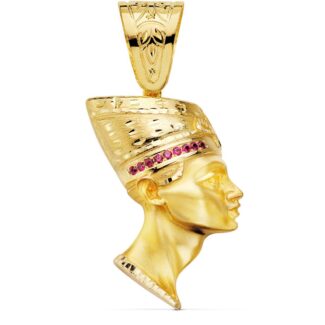 18K COLGANTE ESFINGE NEFERTITI GIGANTE CON CIRCONITA ROJAS ORO AMARILLO, 50 X 35 MM