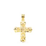 18K CRUZ ORO AMARILLO FILIGRANA BORDES TALLADOS, 27X22 MM