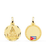 18K MEDALLA ORO AMARILLO VIRGEN CARIDAD DEL COBRE BALSA CON BANDERA 16 MM