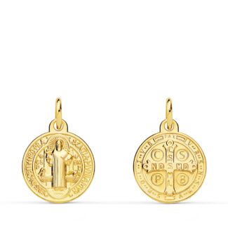 18K MEDALLA ORO AMARILLO ESCAPULARIO SAN BENITO MONJE 14 MM MATIZADA