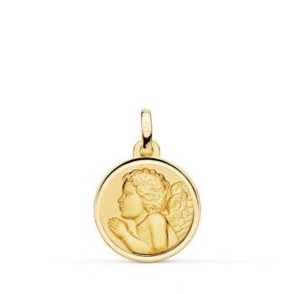 18K MEDALLA ORO AMARILLO ANGEL NIÑO PIADOSO REZANDO BISEL 16 MM