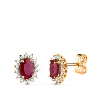 18K PENDIENTES ORO AMARILLO RUBI NATURAL 6X4 MM 1,10QT Y DIAMANTES LABORATORIO 0,280QT VS-2 G. 10X8 MM CIERRE PRESION