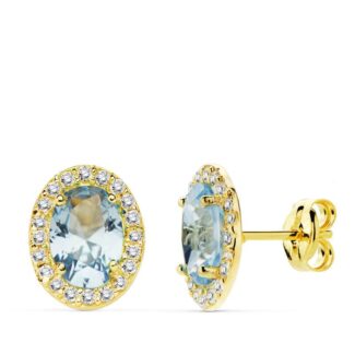 18K PENDIENTES ORO AMARILLO PIEDRA AZUL CLARO OVAL CIRCONITA 10X8 MM