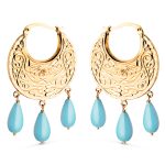 18K PENDIENTES AROS ORO AMARILLO TALLADOS PLANOS CON 3 COLGANTES DE TURQUESA. MEDIDA: 41 X 25 X 2 MM. CIERRE CLIP