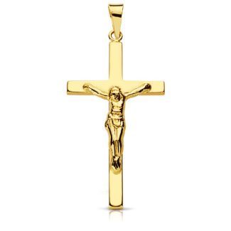 9K CRUZ ORO AMARILLO CON CRISTO PALO PLANO. 29X17 MM