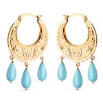 18K PENDIENTES AROS ORO AMARILLO TALLADOS PLANOS CON 3 COLGANTES DE TURQUESA. ANCHO: 25 X 2 MM. CIERRE CLIP