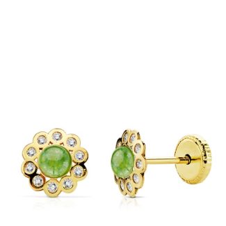 18K PENDIENTES ORO AMARILLO FLOR PIEDRA VERDE Y CIRCONITA CIERRE TUERCA