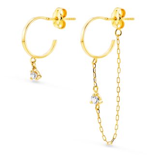 18K PENDIENTES AROS CON CADENA Y CHATON AROS ABIERTOS 11 MM CADENA 32 MM