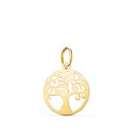 18K COLGANTE AMULETO  ORO AMARILLO REDONDO ARBOL DE LA VIDA EN BRILLO 14 MM