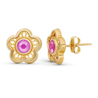 9K PENDIENTES ORO AMARILLO FLOR 11MM PIEDRA ROSA