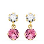 18K PENDIENTES ORO AMARILLO DOS CUERPOS CON CIRCONITA Y PIEDRA ROSA REDONDA 15 X 6MM. CIERRE PRESION