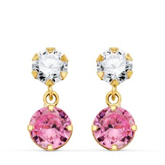 18K PENDIENTES ORO AMARILLO DOS CUERPOS CON CIRCONITA Y PIEDRA ROSA REDONDA 15 X 6MM. CIERRE PRESION